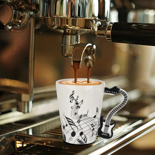 Miniatura 2 de Taza de café de guitarra de 12.9 oz con diseño de notas musicales con tapa temática de música y cuchara y posavasos, regalos para guitarristas