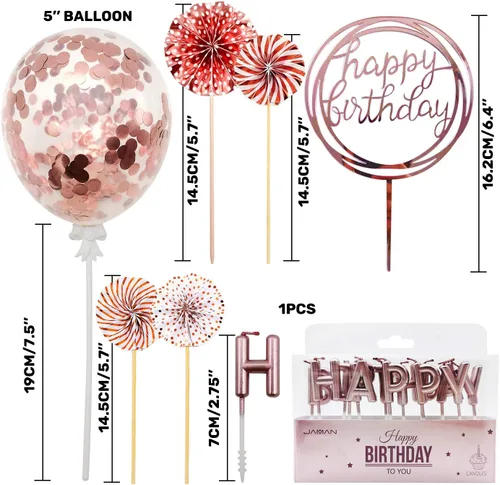 Miniatura 2 de MOVINPE Decoración de pastel de oro rosa con velas de feliz cumpleaños, pancarta de feliz cumpleaños, globos de confeti, abanicos de papel