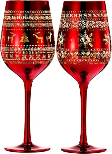 Miniatura 2 de Copas de cristal para vino y agua para árbol de Navidad, juego de 2 unidades, diseño temático rojo y dorado grabado con nieve de invierno, vidrio