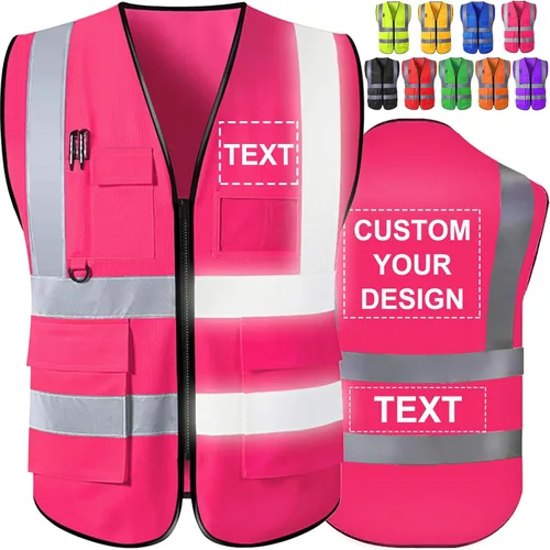 Miniatura 7 de Chaleco de seguridad personalizado de alta visibilidad, reflectante, con logotipo, bolsillo para fotos, cremallera, personalizable, clase 2