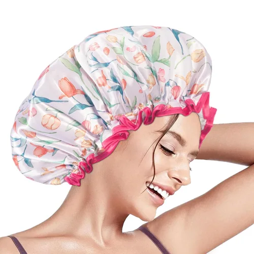 Aquior Gorro de ducha para mujer, impermeable, reutilizable, con elástico suave, tamaño grande para cabello largo, bonito gorro de baño para ducha,