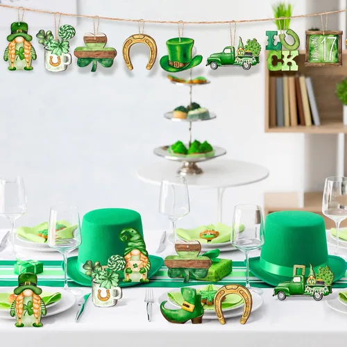 Miniatura 5 de Spiareal 36 piezas Adornos de día de San Patricio en madera, adorno colgante de trébol verde, gnomo verde, camión, recorte de madera, decoración