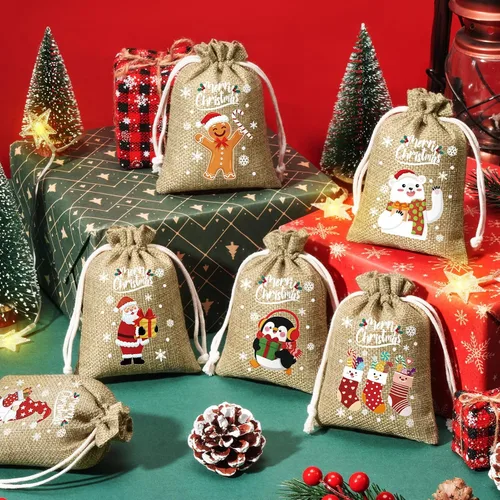 Miniatura 3 de FLOE 72 piezas Bolsas de regalo de Navidad de arpillera con cordón, bolsas de lino de Navidad con cordón para golosinas, bolsas de regalo de Navidad