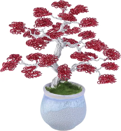 Miniatura 8 de rockcloud Escultura de árbol de dinero de alambre de aluminio con base de cerámica, bonsái de Feng Shui, decoración de oficina en casa para suerte
