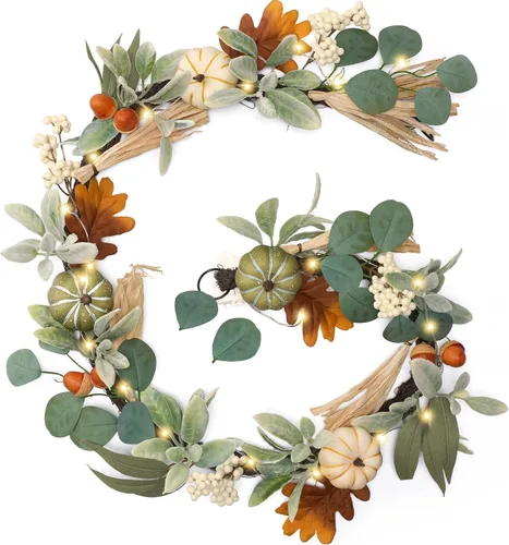 Miniatura 10 de Valery Madelyn Guirnalda de otoño para manto, guirnalda de hojas de cordero de 6 pies con luces, calabazas blancas, centro de mesa de Acción