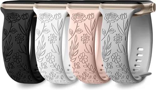 Miniatura 12 de DaQin Paquete de 4 correas florales grabadas compatibles con Apple Watch para mujeres de 40mm 41mm 42mm 44mm 45mm 46mm 38mm 49mm, correa de silicona