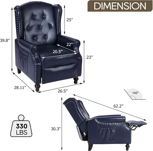 Miniatura 2 de Silla Reclinable Wingback con Masaje y Calor de Cuero PU Silla de Brazo con Mecanismo Push Back, Silla Reclinable para Sala de Estar Dormitorio Cine