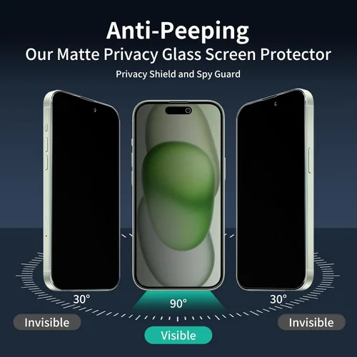 Miniatura 3 de Paquete de 2+2 protectores de pantalla de vidrio mate de privacidad y protector de lente de cámara para iPhone 15, película de vidrio templado mate