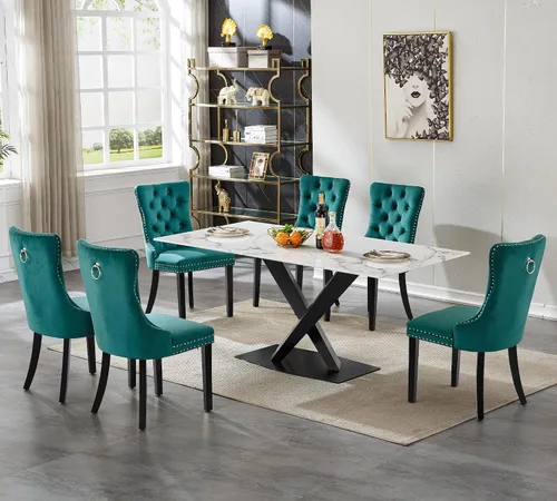 Miniatura 16 de Juego de mesa de comedor de mármol blanco para 4, 70 pulgadas, mesa de comedor de mármol blanco con 4 sillas de terciopelo beige y base de acero al