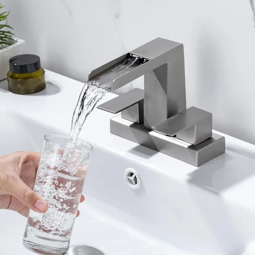 Miniatura 2 de Grifo de lavabo de lavabo de 4 pulgadas con cascada de 3 agujeros, grifo de lavabo moderno con desagüe desplegable de desbordamiento, níquel Níquel