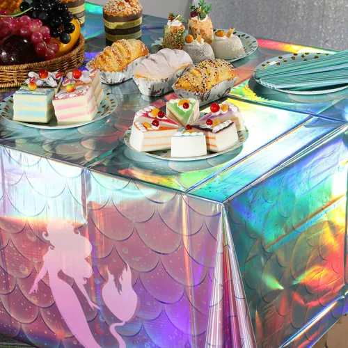 Miniatura 5 de 1 mantel de plástico iridiscente de sirena, manteles desechables con láser de sirenas, funda de mesa desechable para niñas, cumpleaños, bodas