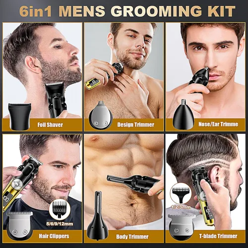 Miniatura 6 de Cortadora de pelo 6 en 1 para hombres, afeitadora eléctrica impermeable IPX6 y cortadora de pelo inalámbrica, kit de aseo para nariz, cuerpo, cara