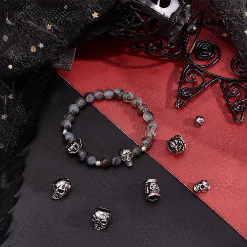 Miniatura 3 de UNICRAFTALE 8 cuentas espaciadoras de acero inoxidable con cabeza de calavera de 8 estilos, cuentas sueltas de plata antigua, cuentas de metal
