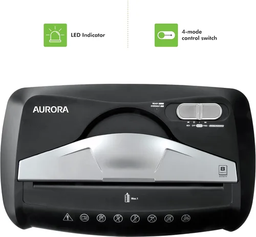Miniatura 5 de Aurora Trituradora de papel y tarjetas de crédito de alta seguridad con papelera de 3.7 galones, corte cruzado de 8 hojas con cesta Negro