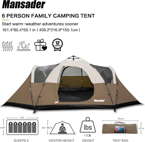 Miniatura 2 de 6 Person Family Camping Tent,Waterproof Windproof with Top Rainfly,Easy Set Up,Pop Up Tent for Outdoor Camping Hiking Trave Marrón