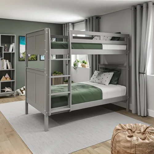 Miniatura 16 de Camaflexi Panel estilo litera de madera maciza, Twin-Over-Twin, escalera lateral adjunta, capuchino