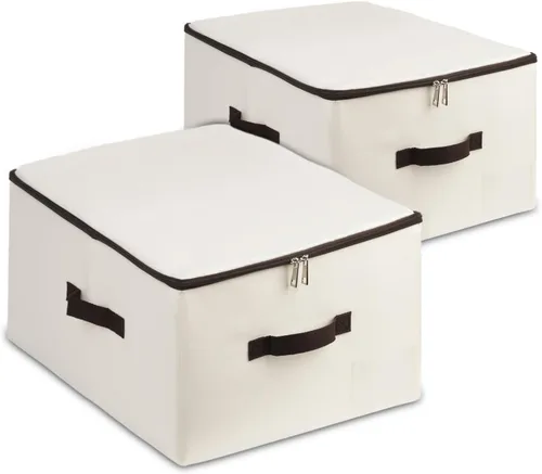 AMJ Caja de almacenamiento plegable de tela (juego de 2) – Contenedor con tapa para armario, hogar – Cubo organizador beige – Lavable y apilable