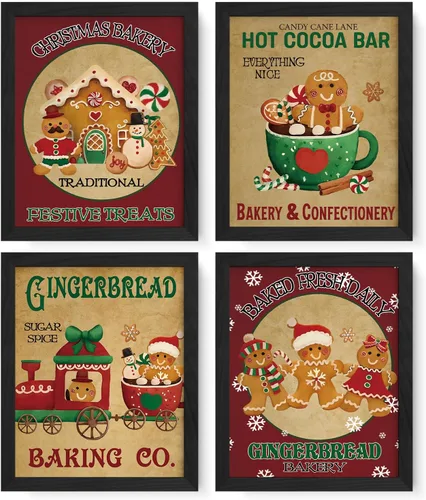 JXREQ Juego de 4 impresiones artísticas vintage de Navidad de pan de jengibre, decoración de pared retro de pan de jengibre para el hogar, cocina,