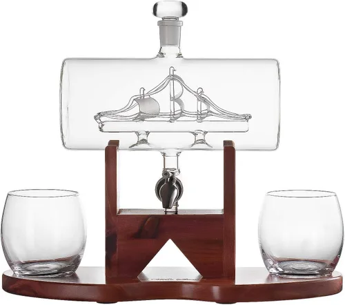 Miniatura 4 de The Wine Savant - Juego de decantador de whisky, dispensador de licor para bar en casa, cristal de cristal, barco de 42.3 fl oz y 2 vasos de whisky