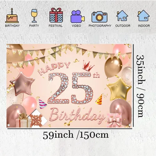 Miniatura 2 de Cartel de tela con texto en inglés "Happy 25th Birthday" para mujer jovencita/mujer de 25 años, cartel de tela para fiesta de cumpleaños de 25 años