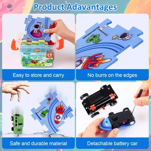 Miniatura 6 de VESPRO Juego de pista de coche para niños pequeños de la serie 4, juego de pista de coche de 68 piezas para niños, juguetes educativos de Juego