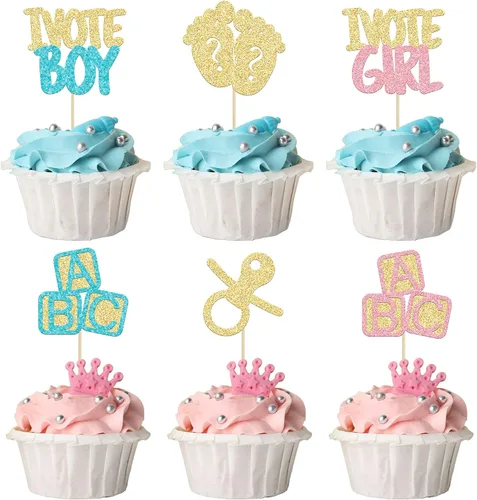 Miniatura 13 de 24 piezas de decoración para cupcakes para niños o niñas, pies con purpurina, vestido de revelación de género, selecciones de cupcakes, decoraciones