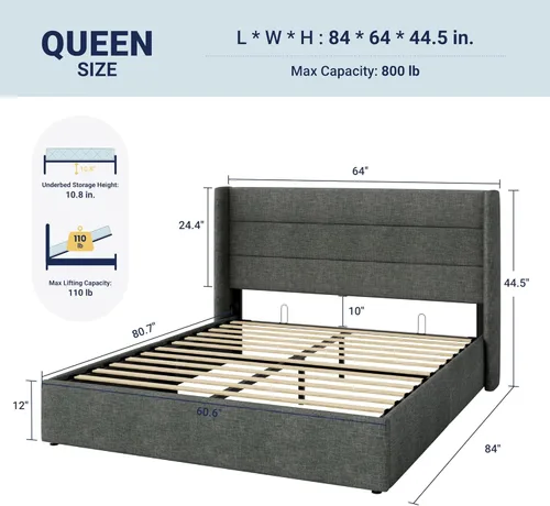 Miniatura 2 de Allewie Cama de almacenamiento elevable tamaño Queen, cabecera moderna con respaldo alado, soporte hidráulico, no necesita somier, gris oscuro