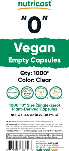 Miniatura 5 de Nutricost Cápsulas vacías tamaño 0 veganas – 1,000 cápsulas transparentes vacías a base de plantas – Certificado Kosher, certificado Halal, sin OMG