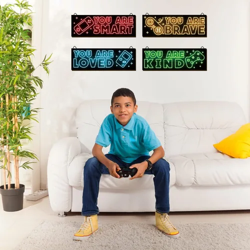 Miniatura 4 de YLOLUL 4 piezas de impresiones de arte de juegos neón, decoración de pared de madera para habitación de niños, decoraciones para jugadores