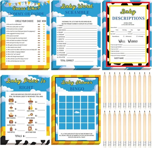Miniatura 26 de Yinder 145 tarjetas de actividades para juegos de baby shower con 20 lápices, incluye descripción de bingo para bebés y deseos, adivina quién es