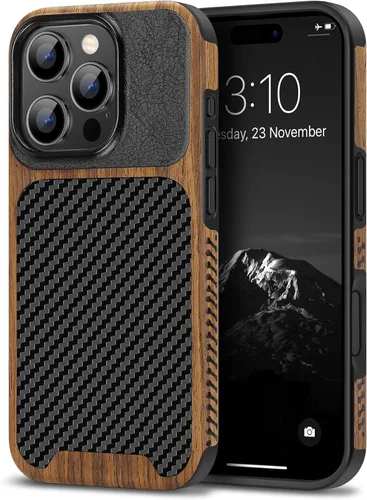 Miniatura 32 de TENDLIN Compatible con iPhone 17 Pro Max Funda de madera con textura de fibra de carbono Diseño de cuero híbrido delgado (negro)