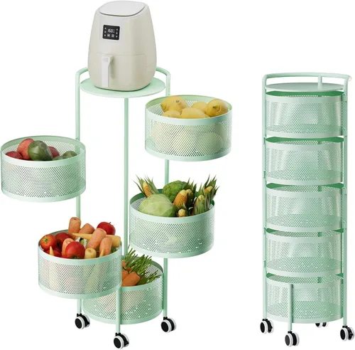 Miniatura 11 de JAQ Canasta giratoria de frutas, de metal resistente, almacenamiento multinivel de cocina, no requiere montaje, con ruedas, para frutas, verduras