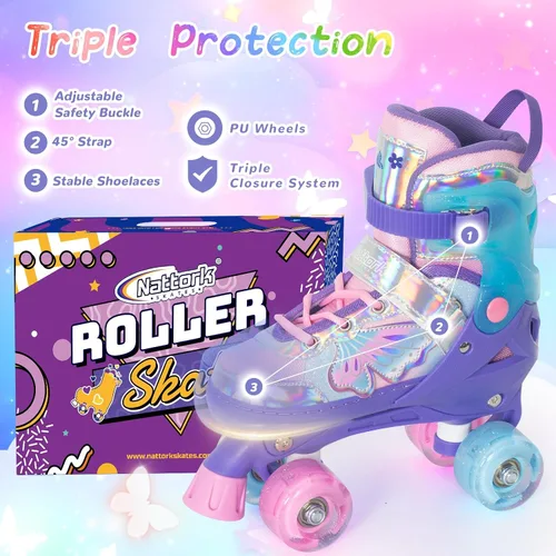 Miniatura 5 de Nattork Patines de Ruedas para Niñas y Niños, Patines Cuádruples de 4 Tamaños Ajustables con Diseño de Mariposa y Flor con Todas las Ruedas