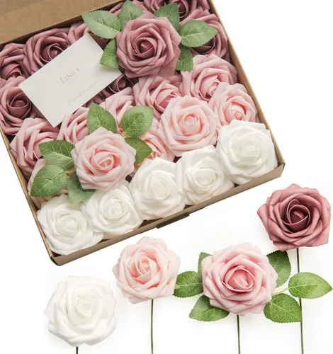 Ling's moment Flores Artificiales, 50 Piezas de Rosas de 3" en Tonos Rosa Empolvado, Decoración Floral de Espuma Realista DIY para Ramos de Tonos de