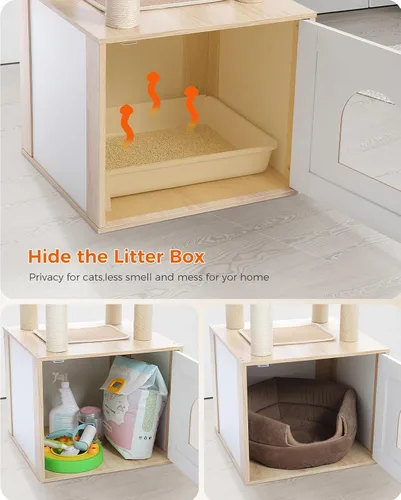 Miniatura 4 de Árbol alto para gatos con recinto para caja de arena de 56.7" Torre de madera para gatos para gatos grandes con hamaca casa cama para gatos