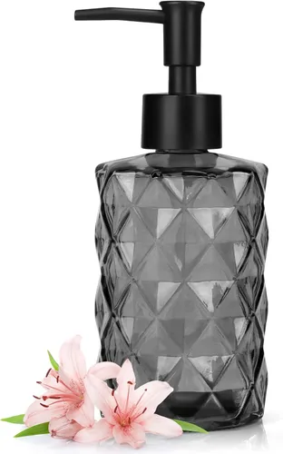 Dispensador de jabón de vidrio de 11 onzas con bomba de plástico, dispensador de jabón de baño negro para lavar a mano y lavar platos, elegante
