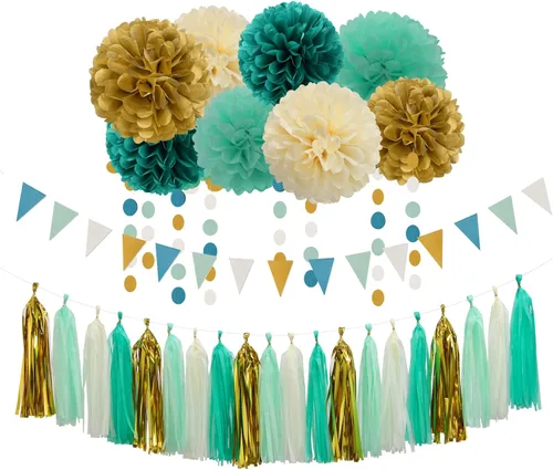 Miniatura 14 de Decoraciones de Fiesta de Champán de Oro Blanco - 23 piezas Pompones de Papel de Seda Serpentinas, Guirnalda de Borlas de Boda de Compromiso