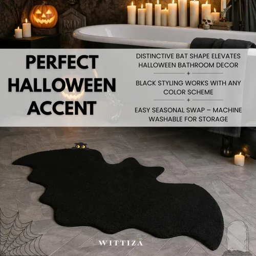 Miniatura 7 de Tapete de Baño de Murciélago - Alfombra de Baño Gótica Negra, Microfibra Antideslizante de Secado Rápido, Felpa Suave para Decoración de Halloween
