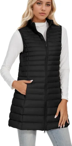 Miniatura 3 de ELFJOY Chaleco largo acolchado para mujer, chaleco de plumón largo ultraligero con cuello alto, chalecos negros para mujer, ropa de abrigo