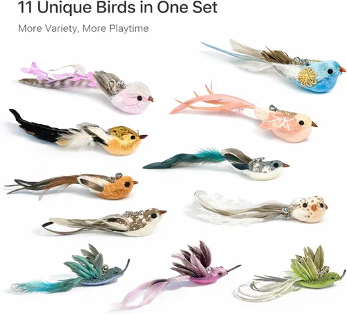 Miniatura 4 de 11 piezas de recargas realistas de juguetes de pájaros para gatos – Juguetes de plumas hechos a mano para gatos con campana, accesorios de varita