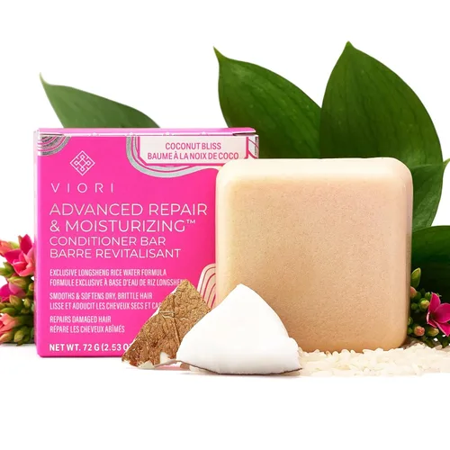 VIORI Coconut Bliss - Barra de acondicionador hidratante y reparadora avanzada, hecha con agua de arroz y vitaminas para la salud del cabello, barra