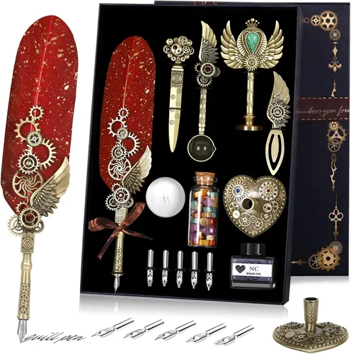 NC Juego de Tinta de Pluma de Caña, Pluma de Pluma, Sello de Cera con Estampilla, Juego de Caligrafía - Regalo del Día de San Valentín para Amantes