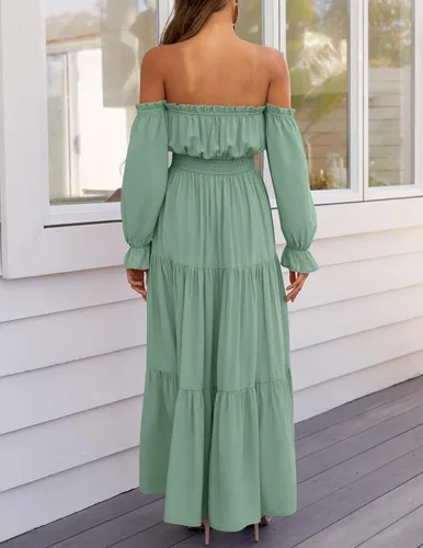 Miniatura 91 de ZESICA - Vestido largo, bohemio y sexy, con hombros descubiertos y manga larga fruncida, con elástico fruncido, cintura alta y abertura lateral