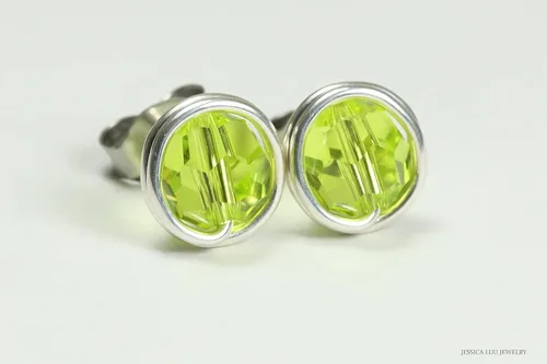 Miniatura 3 de Jessica Luu Jewelry Chartreuse Green Stud Earrings Sterling Silver or Gold Wire Wrapped Citrus Crystal Handmade