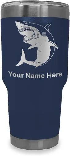 Miniatura 31 de LaserGram Vaso aislado al vacío de 20 onzas, gran tiburón blanco, grabado personalizado incluido (negro)