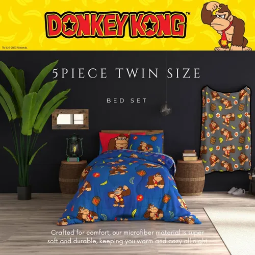 Miniatura 4 de Franco - Juego de ropa de cama coleccionable Nintendo Donkey Kong, 5 piezas, edredón reversible supersuave y juego de sábanas con funda, tamaño Rojo