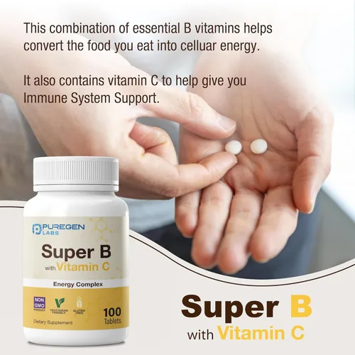 Miniatura 4 de Puregen Labs Super B Energy Complex con vitamina C - Salud inmunológica, energía y apoyo del sistema nervioso - Sin OMG, sin gluten, 100 tabletas