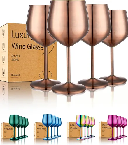 Miniatura 7 de UNISWEET Juego de 4 copas de vino de acero inoxidable irrompibles azules de 18 oz, copas de vino únicas de metal para exteriores, viajes, camping