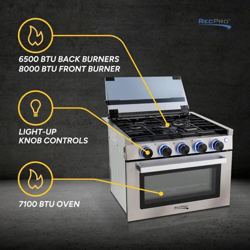 Miniatura 5 de Estufa RecPro RV Negra Rango de gas de 17" de alto Tres quemadores de 6500 y 8000 BTU Horno de 7100 BTU con capacidad de 1.24 pies cúbicos