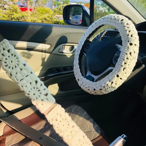Funda de volante de ganchillo hecha a mano, funda blanca simple para cinturón de seguridad, accesorios decorativos para el interior del automóvil.
